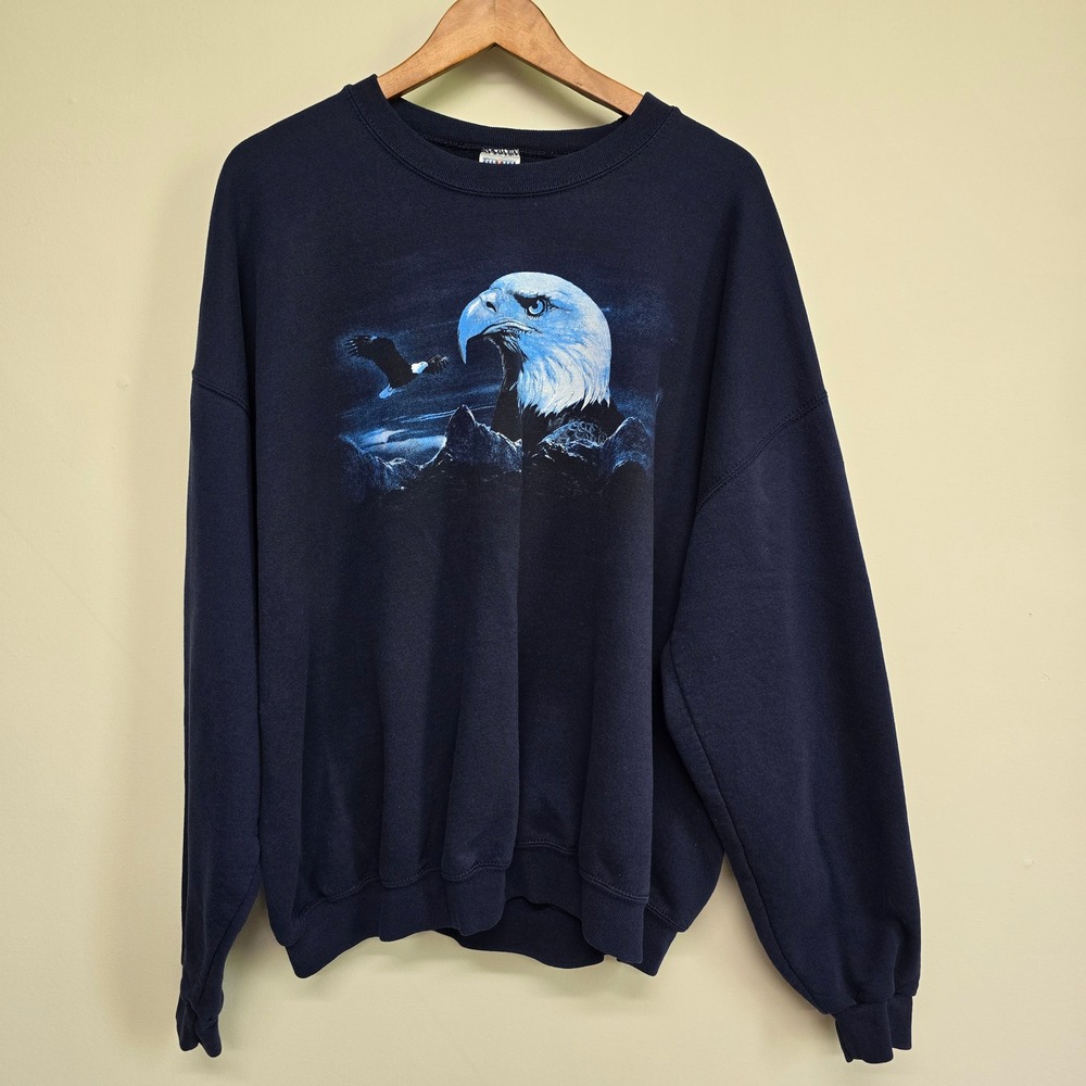 Jerzees Bald Eagle Graphic Sweatshirt Womens 2X Navy Blue Nature Americana Retro
